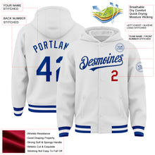 Load image into Gallery viewer, Custom White Royal-Red Bomber Full-Snap Varsity Letterman Hoodie Jacket
