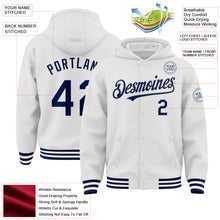 Load image into Gallery viewer, Custom White Navy Bomber Full-Snap Varsity Letterman Hoodie Jacket
