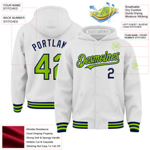 Load image into Gallery viewer, Custom White Neon Green-Navy Bomber Full-Snap Varsity Letterman Hoodie Jacket
