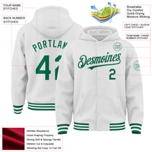 Load image into Gallery viewer, Custom White Kelly Green Bomber Full-Snap Varsity Letterman Hoodie Jacket
