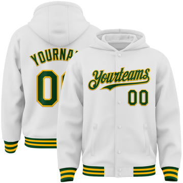 Custom White Green-Gold Bomber Full-Snap Varsity Letterman Hoodie Jacket