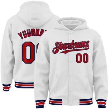 Custom White Red-Navy Bomber Full-Snap Varsity Letterman Hoodie Jacket