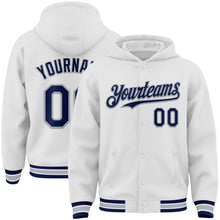 Load image into Gallery viewer, Custom White Navy-Gray Bomber Full-Snap Varsity Letterman Hoodie Jacket
