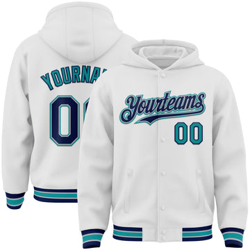 Custom White Navy Gray-Teal Bomber Full-Snap Varsity Letterman Hoodie Jacket