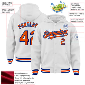 Custom White Orange-Royal Bomber Full-Snap Varsity Letterman Hoodie Jacket