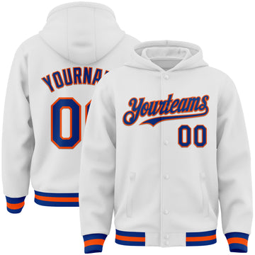 Custom White Royal-Orange Bomber Full-Snap Varsity Letterman Hoodie Jacket