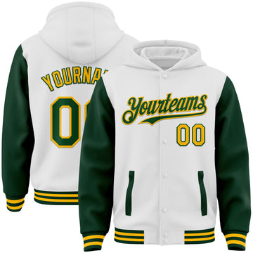 Custom White Green-Gold Bomber Full-Snap Varsity Letterman Two Tone Hoodie Jacket