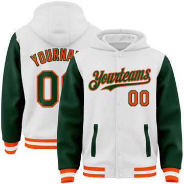 Custom White Green-Orange Bomber Full-Snap Varsity Letterman Two Tone Hoodie Jacket