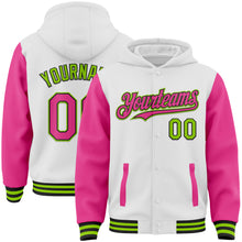 Load image into Gallery viewer, Custom White Pink Black-Neon Green Bomber Full-Snap Varsity Letterman Two Tone Hoodie Jacket
