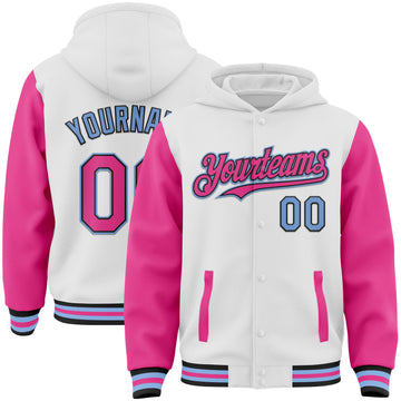 Custom White Pink Black-Light Blue Bomber Full-Snap Varsity Letterman Two Tone Hoodie Jacket