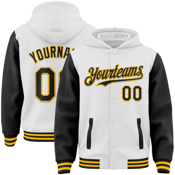 Custom White Black-Gold Bomber Full-Snap Varsity Letterman Two Tone Hoodie Jacket