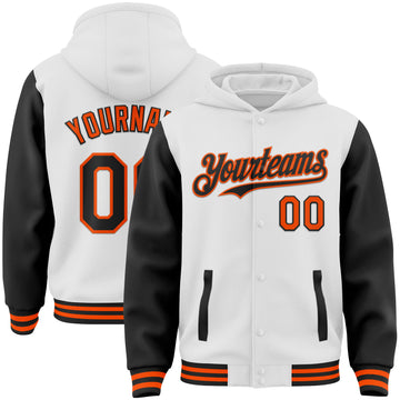 Custom White Black-Orange Bomber Full-Snap Varsity Letterman Two Tone Hoodie Jacket