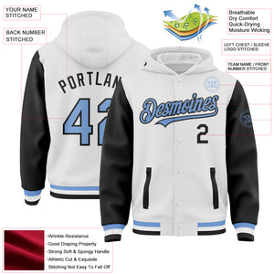 Custom White Light Blue-Black Bomber Full-Snap Varsity Letterman Two Tone Hoodie Jacket