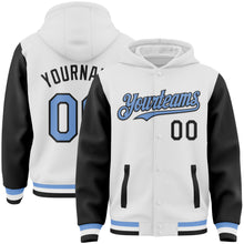 Load image into Gallery viewer, Custom White Light Blue-Black Bomber Full-Snap Varsity Letterman Two Tone Hoodie Jacket
