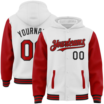 Custom White Red-Black Bomber Full-Snap Varsity Letterman Two Tone Hoodie Jacket