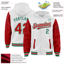 Load image into Gallery viewer, Custom White Red-Kelly Green Bomber Full-Snap Varsity Letterman Two Tone Hoodie Jacket
