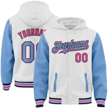 Load image into Gallery viewer, Custom White Light Blue Black-Pink Bomber Full-Snap Varsity Letterman Two Tone Hoodie Jacket
