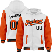 Load image into Gallery viewer, Custom White Orange-Black Bomber Full-Snap Varsity Letterman Two Tone Hoodie Jacket
