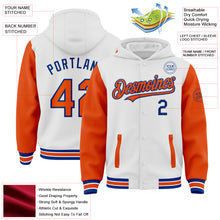 Load image into Gallery viewer, Custom White Orange-Royal Bomber Full-Snap Varsity Letterman Two Tone Hoodie Jacket
