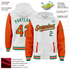 Load image into Gallery viewer, Custom White Orange-Kelly Green Bomber Full-Snap Varsity Letterman Two Tone Hoodie Jacket
