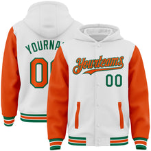 Load image into Gallery viewer, Custom White Orange-Kelly Green Bomber Full-Snap Varsity Letterman Two Tone Hoodie Jacket
