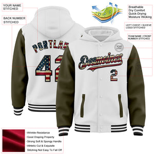 Custom White Vintage USA Flag Olive-Black Bomber Full-Snap Varsity Letterman Two Tone Hoodie Jacket