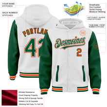 Load image into Gallery viewer, Custom White Kelly Green-Orange Bomber Full-Snap Varsity Letterman Two Tone Hoodie Jacket
