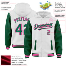 Load image into Gallery viewer, Custom White Kelly Green-Pink Bomber Full-Snap Varsity Letterman Two Tone Hoodie Jacket
