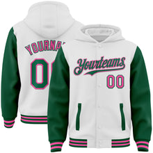 Load image into Gallery viewer, Custom White Kelly Green-Pink Bomber Full-Snap Varsity Letterman Two Tone Hoodie Jacket
