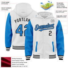 Load image into Gallery viewer, Custom White Powder Blue-Black Bomber Full-Snap Varsity Letterman Two Tone Hoodie Jacket
