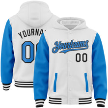 Load image into Gallery viewer, Custom White Powder Blue-Black Bomber Full-Snap Varsity Letterman Two Tone Hoodie Jacket
