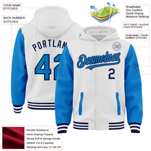 Load image into Gallery viewer, Custom White Powder Blue-Navy Bomber Full-Snap Varsity Letterman Two Tone Hoodie Jacket
