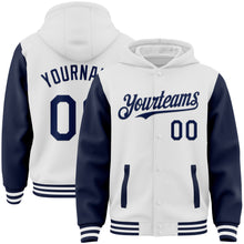 Load image into Gallery viewer, Custom White Navy Bomber Full-Snap Varsity Letterman Two Tone Hoodie Jacket
