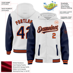 Custom White Navy-Orange Bomber Full-Snap Varsity Letterman Two Tone Hoodie Jacket