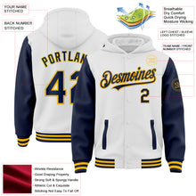 Load image into Gallery viewer, Custom White Navy-Gold Bomber Full-Snap Varsity Letterman Two Tone Hoodie Jacket
