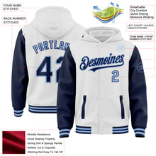 Load image into Gallery viewer, Custom White Navy-Light Blue Bomber Full-Snap Varsity Letterman Two Tone Hoodie Jacket
