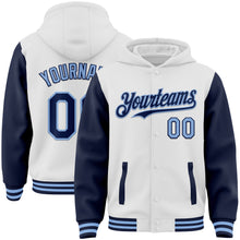 Load image into Gallery viewer, Custom White Navy-Light Blue Bomber Full-Snap Varsity Letterman Two Tone Hoodie Jacket
