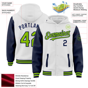 Custom White Neon Green-Navy Bomber Full-Snap Varsity Letterman Two Tone Hoodie Jacket