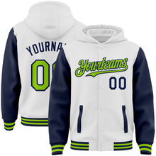 Load image into Gallery viewer, Custom White Neon Green-Navy Bomber Full-Snap Varsity Letterman Two Tone Hoodie Jacket
