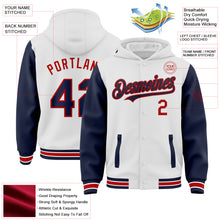 Load image into Gallery viewer, Custom White Navy-Red Bomber Full-Snap Varsity Letterman Two Tone Hoodie Jacket
