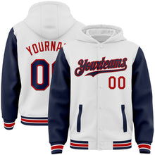 Load image into Gallery viewer, Custom White Navy-Red Bomber Full-Snap Varsity Letterman Two Tone Hoodie Jacket
