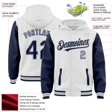 Load image into Gallery viewer, Custom White Navy-Gray Bomber Full-Snap Varsity Letterman Two Tone Hoodie Jacket
