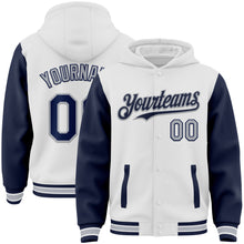 Load image into Gallery viewer, Custom White Navy-Gray Bomber Full-Snap Varsity Letterman Two Tone Hoodie Jacket
