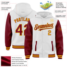 Load image into Gallery viewer, Custom White Crimson-Gold Bomber Full-Snap Varsity Letterman Two Tone Hoodie Jacket
