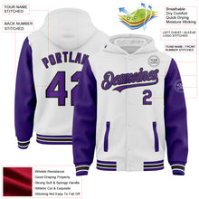 Load image into Gallery viewer, Custom White Purple-Black Bomber Full-Snap Varsity Letterman Two Tone Hoodie Jacket
