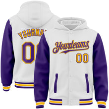 Load image into Gallery viewer, Custom White Purple-Gold Bomber Full-Snap Varsity Letterman Two Tone Hoodie Jacket
