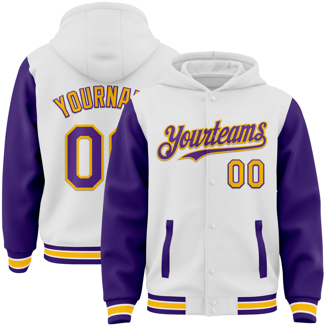 Custom White Purple-Gold Bomber Full-Snap Varsity Letterman Two Tone Hoodie Jacket