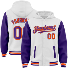 Load image into Gallery viewer, Custom White Purple-Orange Bomber Full-Snap Varsity Letterman Two Tone Hoodie Jacket
