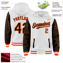 Load image into Gallery viewer, Custom White Brown-Orange Bomber Full-Snap Varsity Letterman Two Tone Hoodie Jacket
