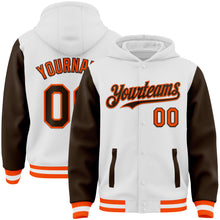 Load image into Gallery viewer, Custom White Brown-Orange Bomber Full-Snap Varsity Letterman Two Tone Hoodie Jacket
